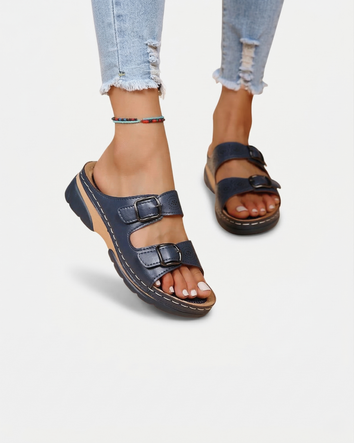 Slide Sandals Low Wedge Double Buckle Open Toe