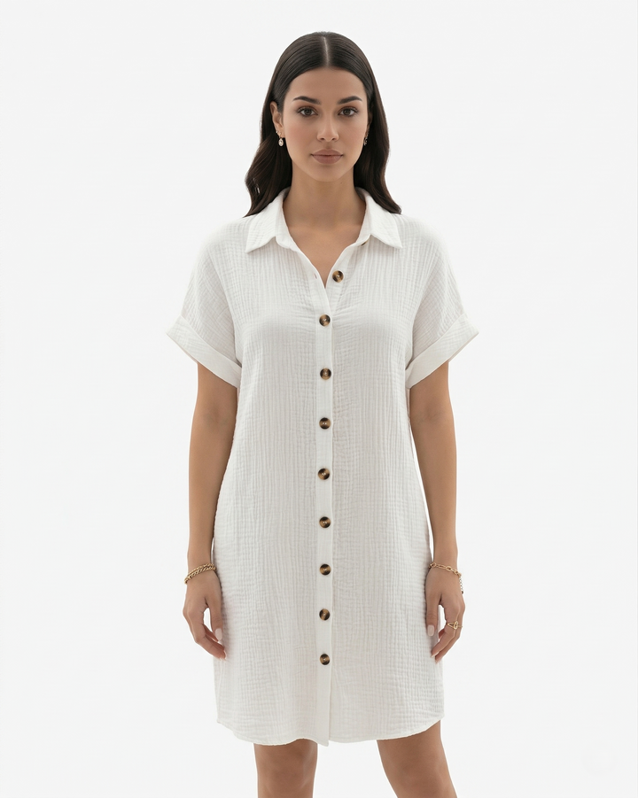 Button Down Shirt Dress Collared Rolled Cuff Sleeve with Pockets